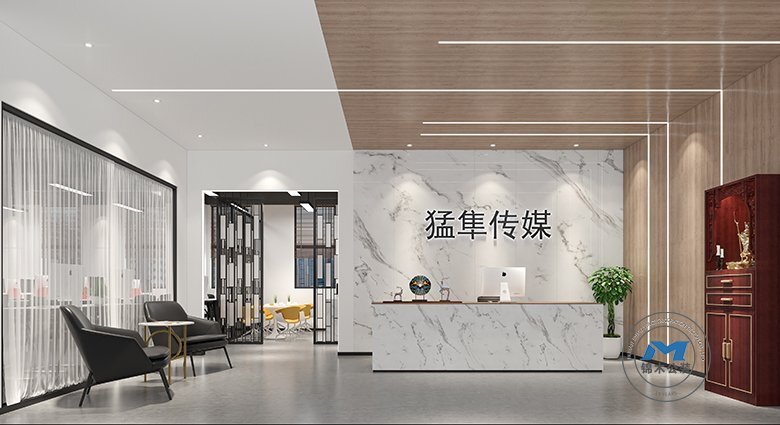 電商新媒體辦公室裝修設(shè)計(jì)效果前臺(tái)大廳